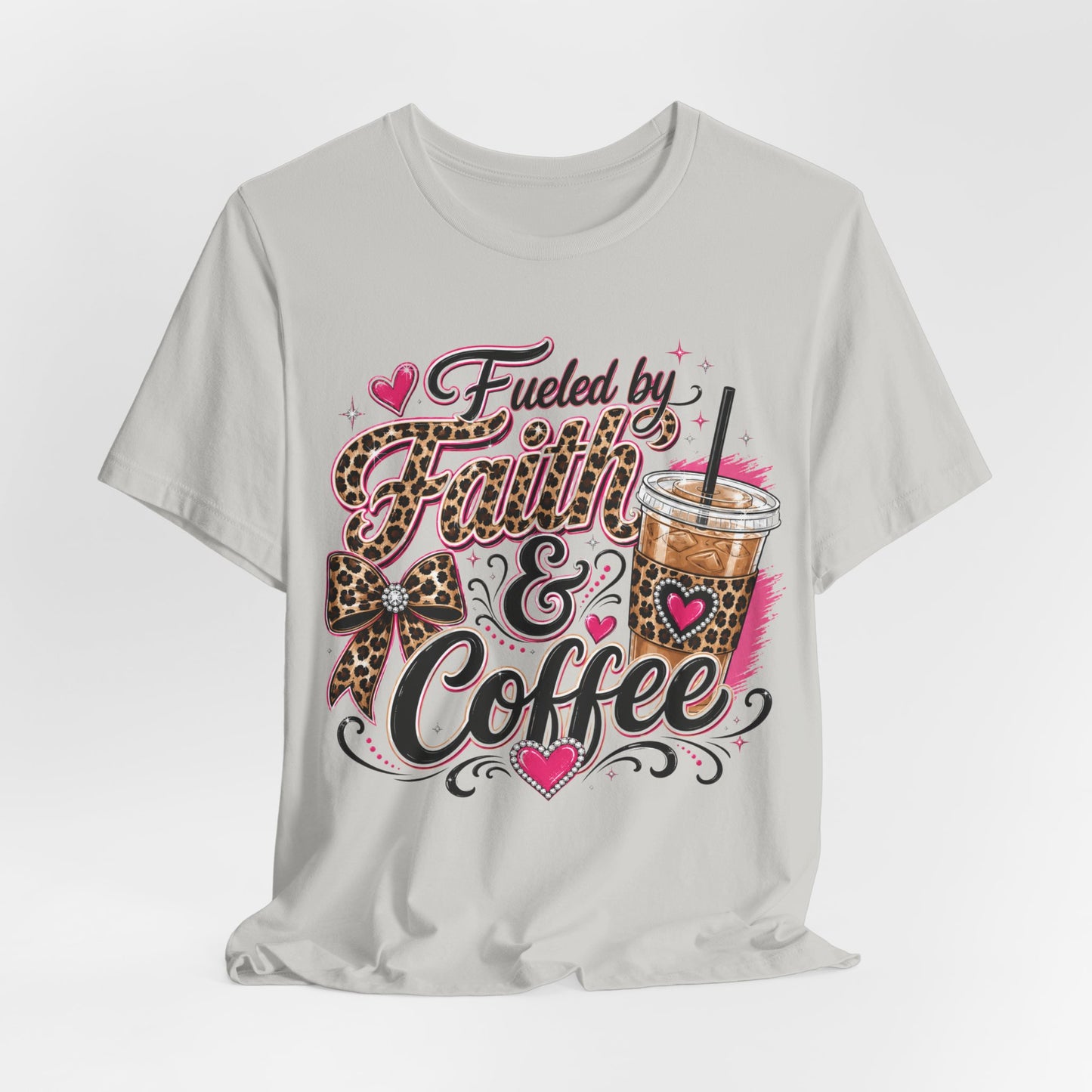 Faith & Coffee Graphic Tee — "Fueled by Faith & Coffee" Leopard Bow Design