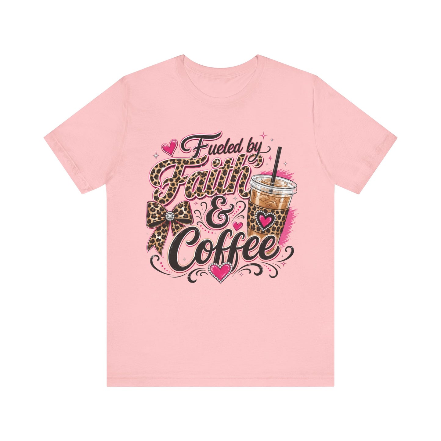 Faith & Coffee Graphic Tee — "Fueled by Faith & Coffee" Leopard Bow Design