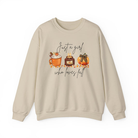 Fall Crewneck Sweatshirt — "Just a Girl Who Loves Fall" Pumpkin & Cozy Drinks Design