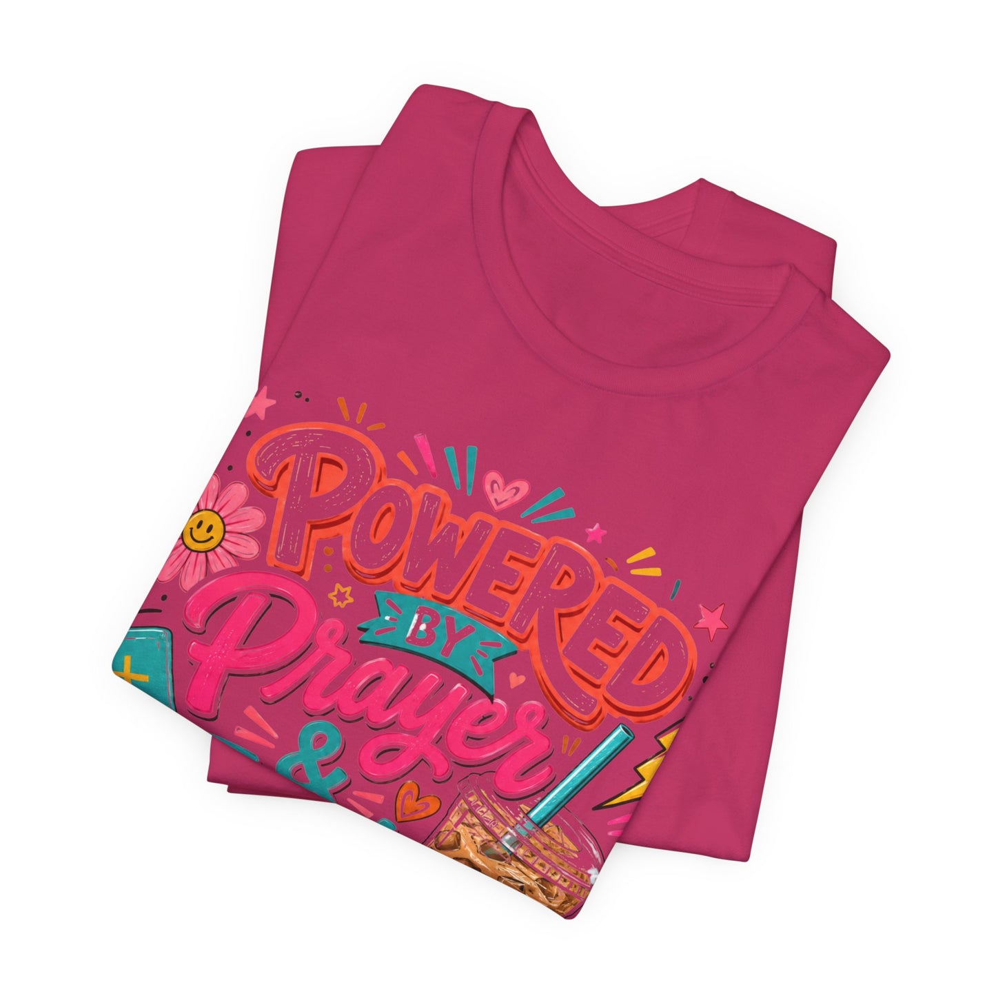 Prayer & Iced Coffee T-Shirt — "Powered by Prayer & Iced Coffee" Christian Tee