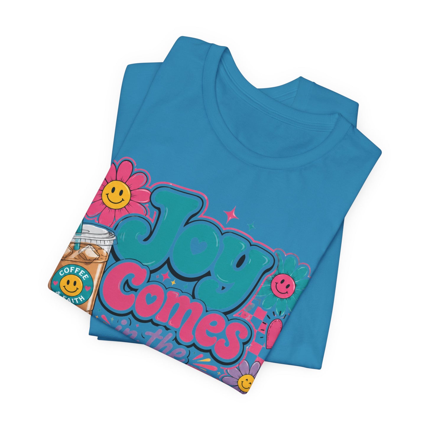 Joy Comes in the Morning Tee — Retro Floral Sunrise Coffee T‑Shirt
