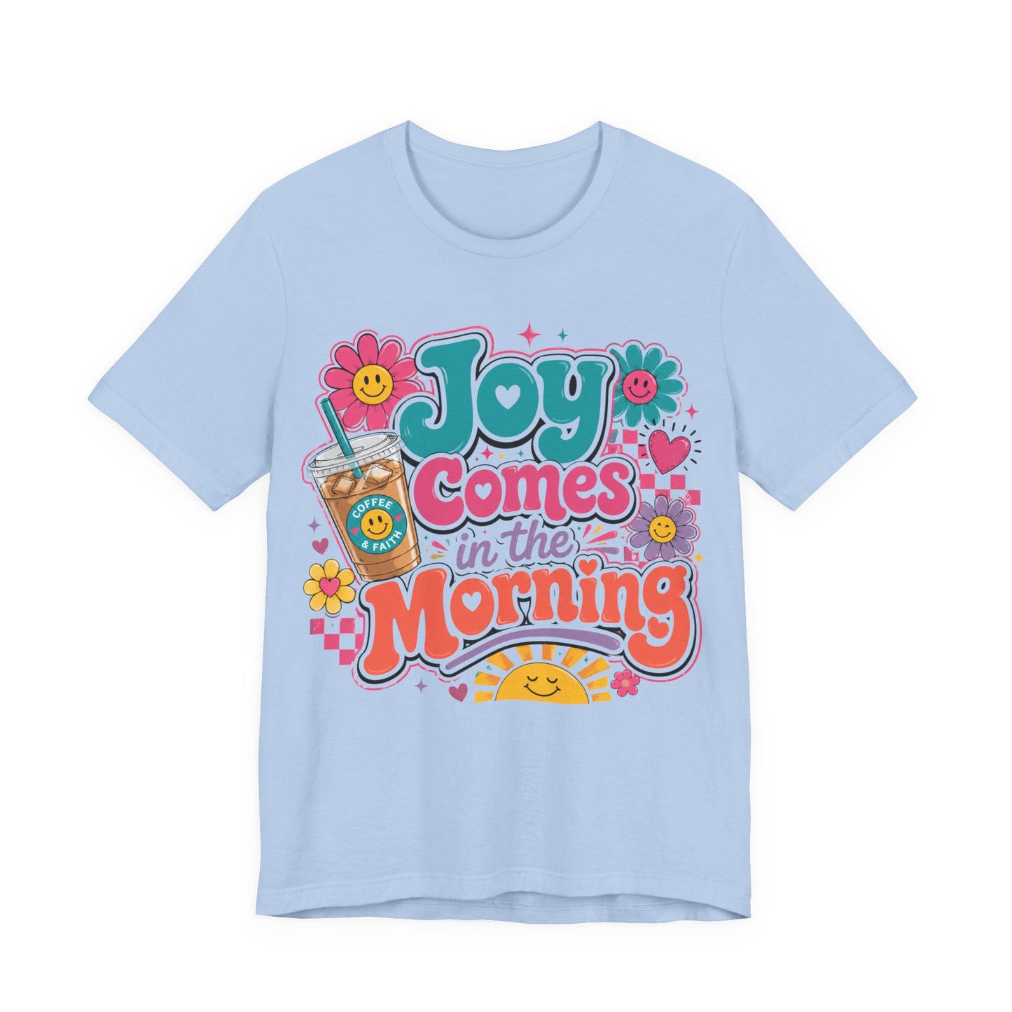 Joy Comes in the Morning Tee — Retro Floral Sunrise Coffee T‑Shirt