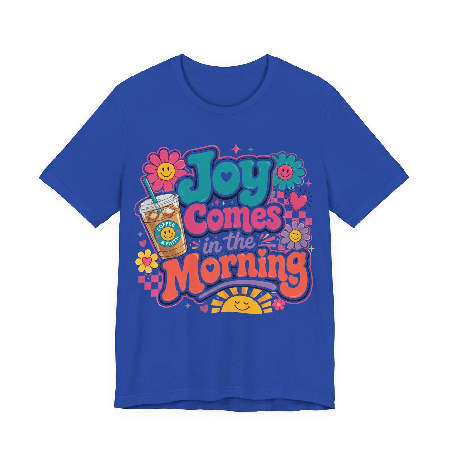 Joy Comes in the Morning Tee — Retro Floral Sunrise Coffee T‑Shirt
