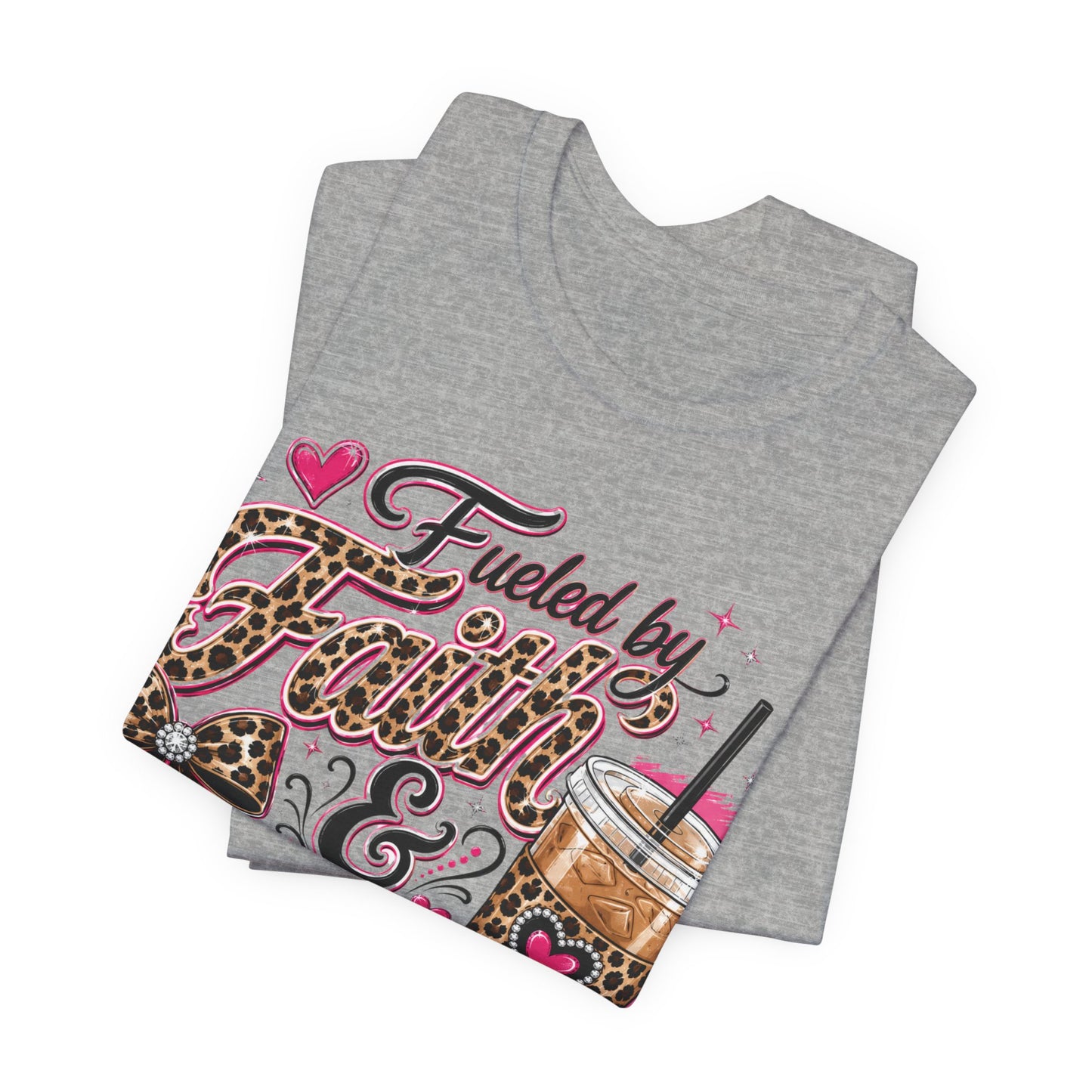 Faith & Coffee Graphic Tee — "Fueled by Faith & Coffee" Leopard Bow Design