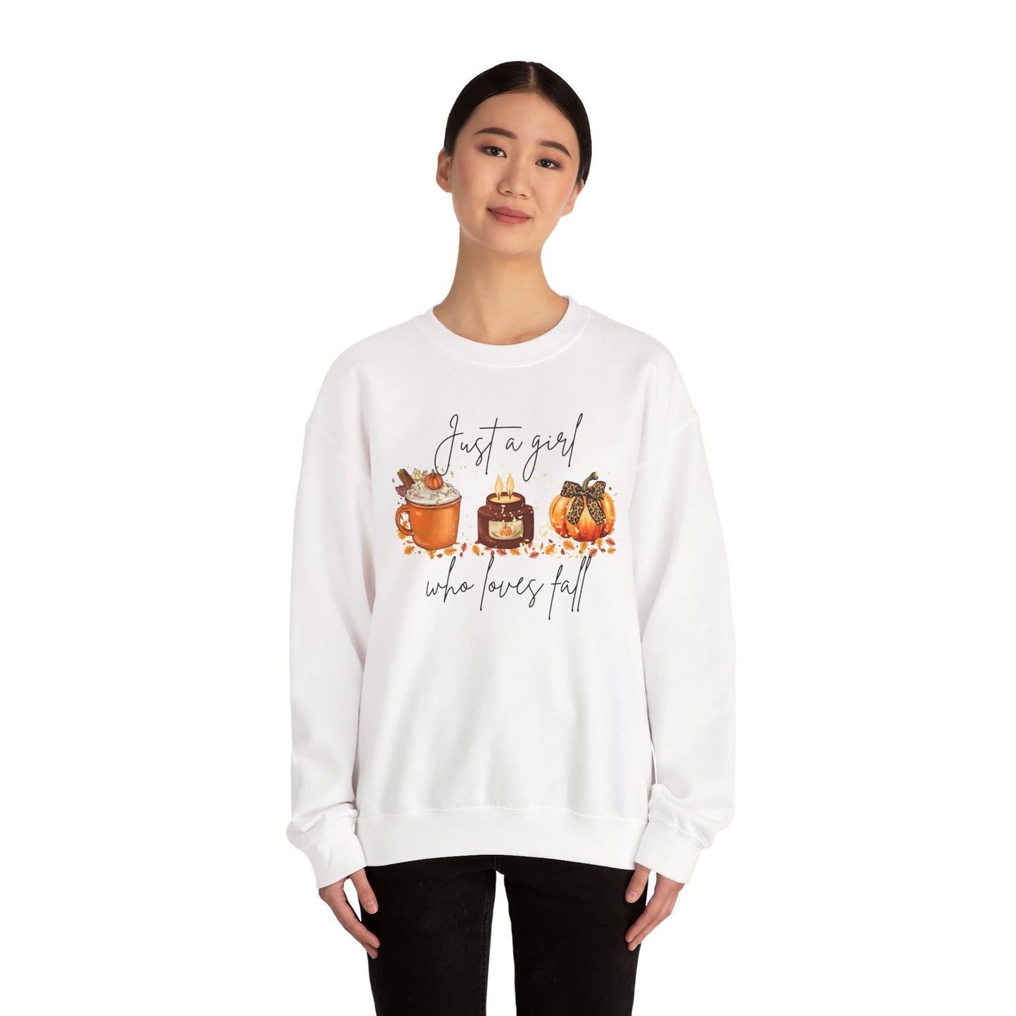 Fall Crewneck Sweatshirt — "Just a Girl Who Loves Fall" Pumpkin & Cozy Drinks Design