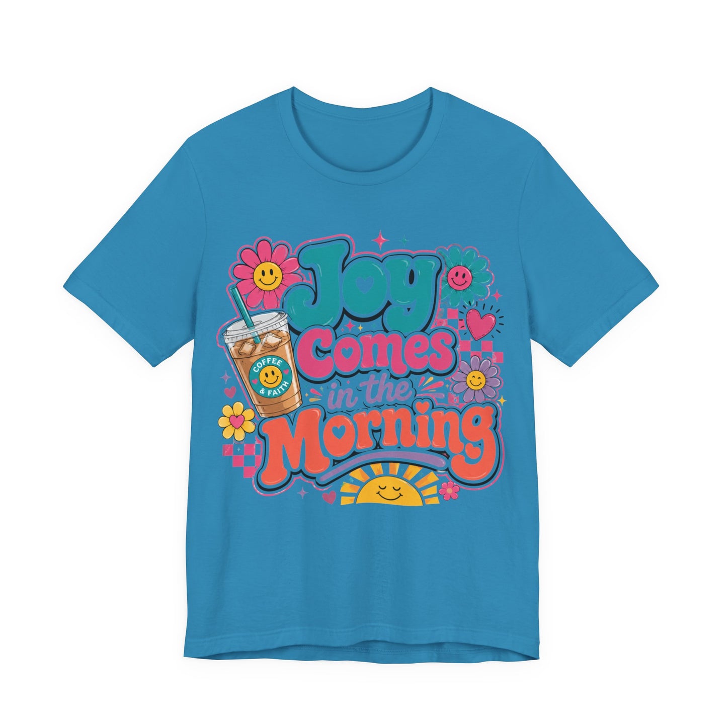 Joy Comes in the Morning Tee — Retro Floral Sunrise Coffee T‑Shirt