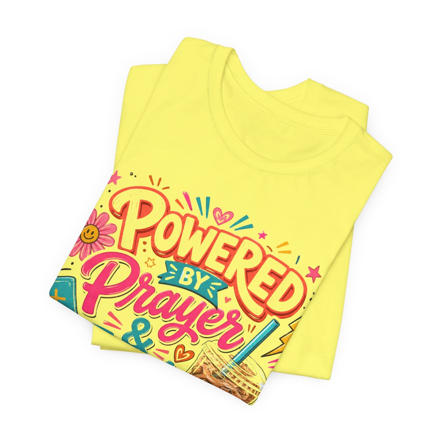 Prayer & Iced Coffee T-Shirt — "Powered by Prayer & Iced Coffee" Christian Tee