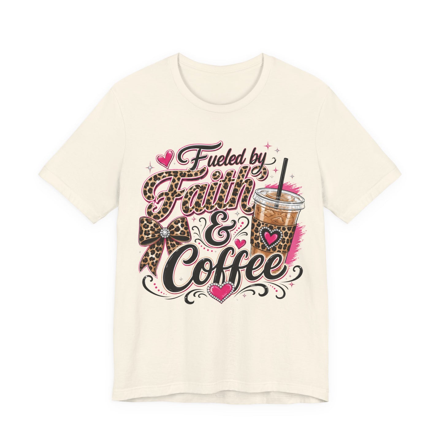 Faith & Coffee Graphic Tee — "Fueled by Faith & Coffee" Leopard Bow Design