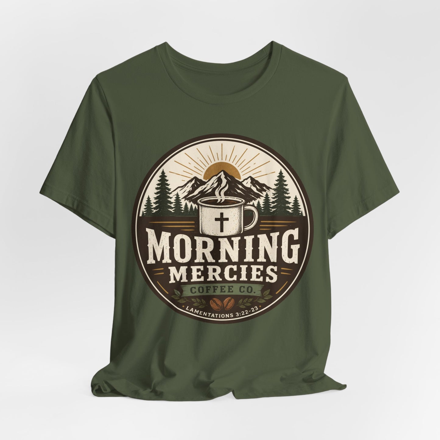 Morning Mercies Coffee Tee — Christian Coffee Shirt with Mountain & Cross Design
