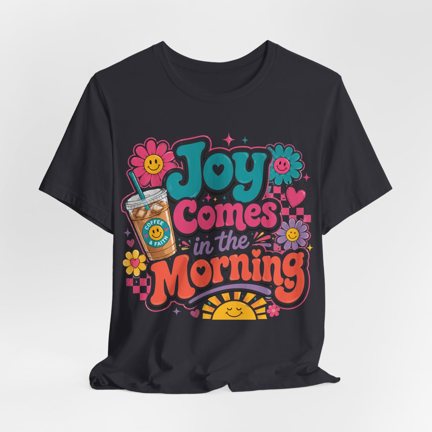 Joy Comes in the Morning Tee — Retro Floral Sunrise Coffee T‑Shirt