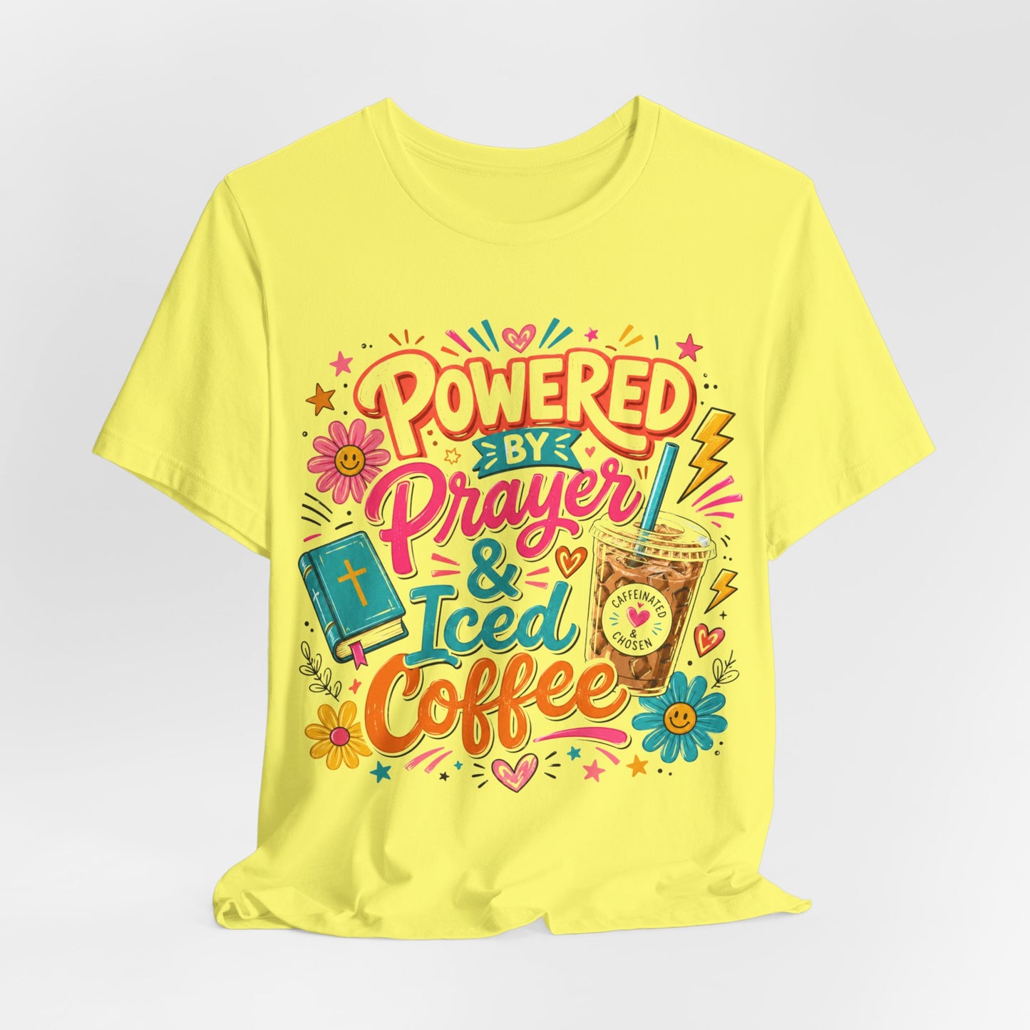 Prayer & Iced Coffee T-Shirt — "Powered by Prayer & Iced Coffee" Christian Tee