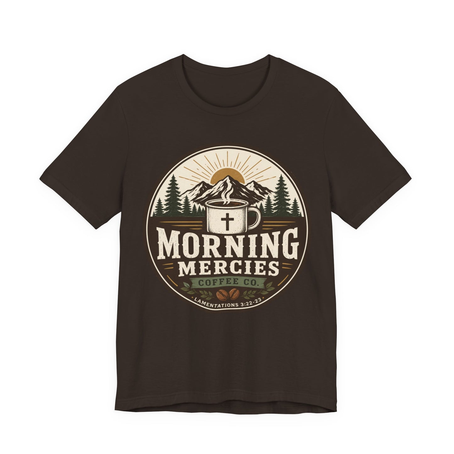 Morning Mercies Coffee Tee — Christian Coffee Shirt with Mountain & Cross Design