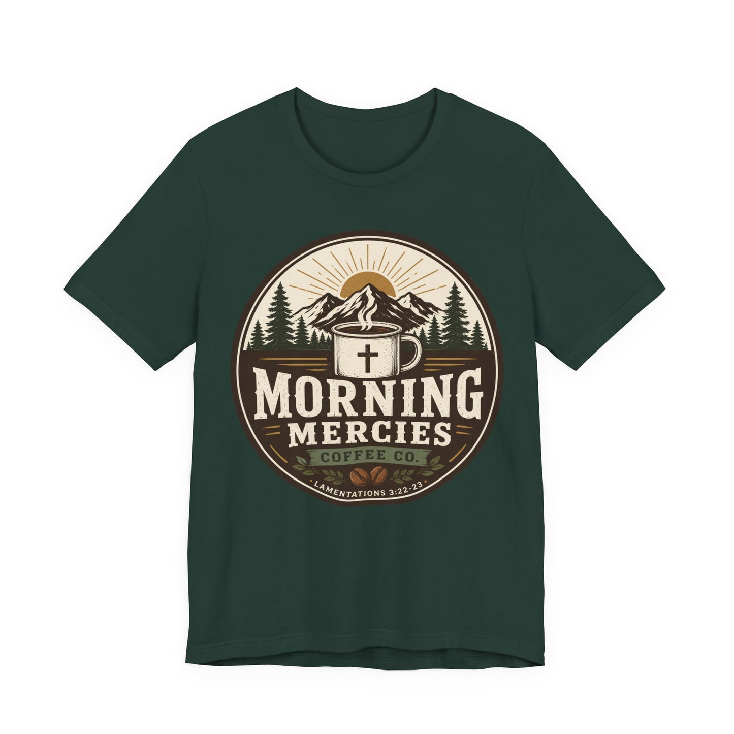 Morning Mercies Coffee Tee — Christian Coffee Shirt with Mountain & Cross Design