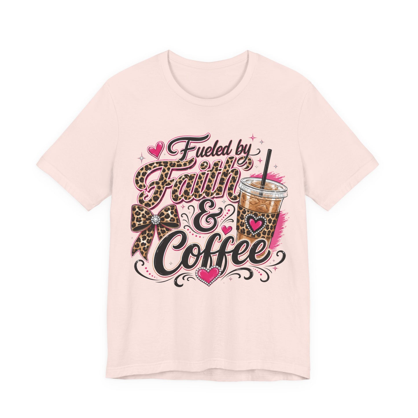 Faith & Coffee Graphic Tee — "Fueled by Faith & Coffee" Leopard Bow Design