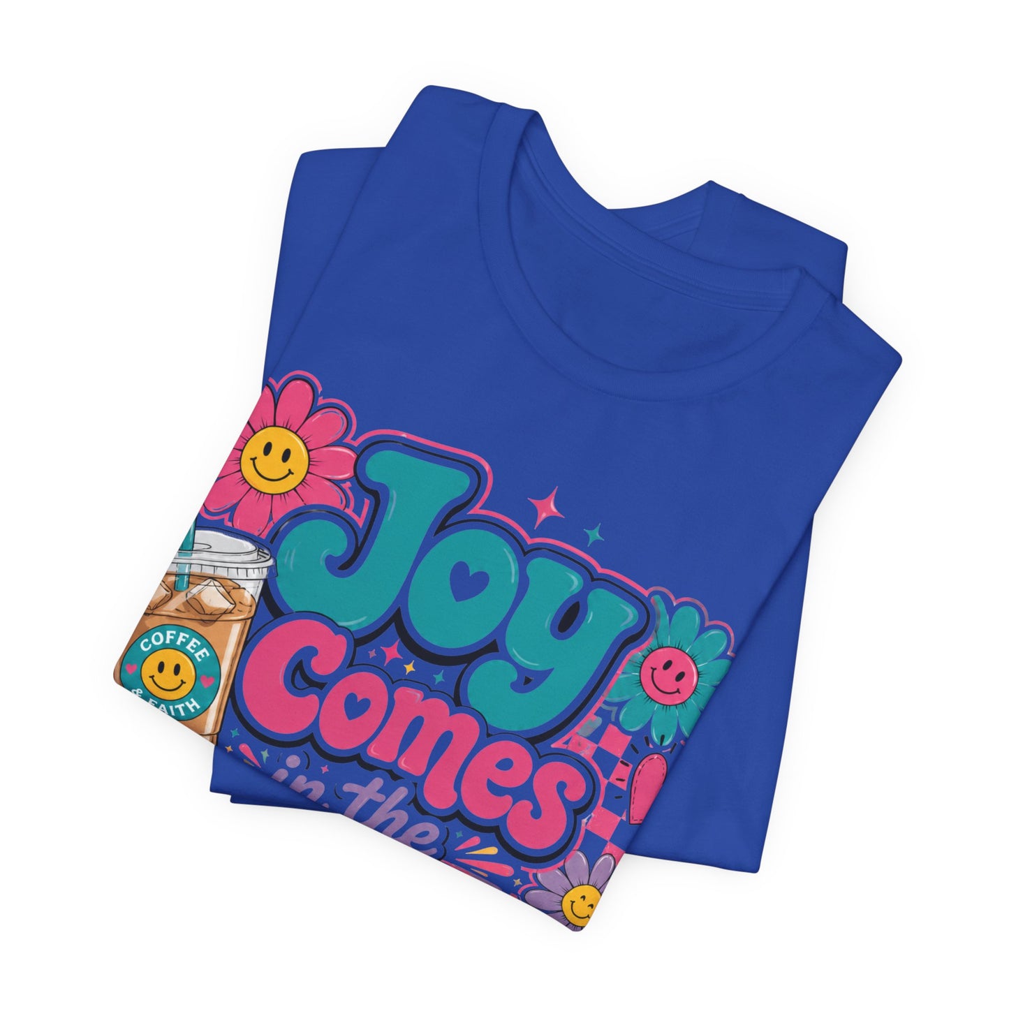 Joy Comes in the Morning Tee — Retro Floral Sunrise Coffee T‑Shirt