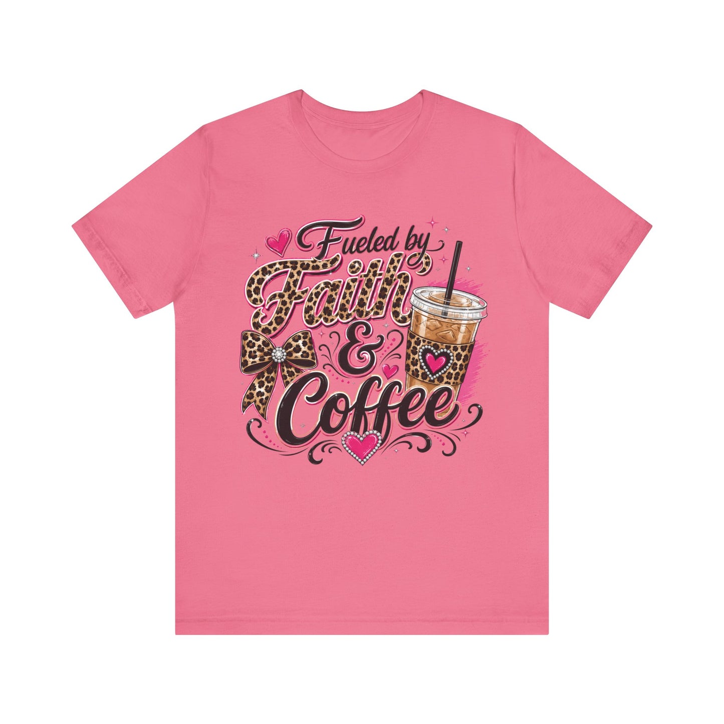 Faith & Coffee Graphic Tee — "Fueled by Faith & Coffee" Leopard Bow Design