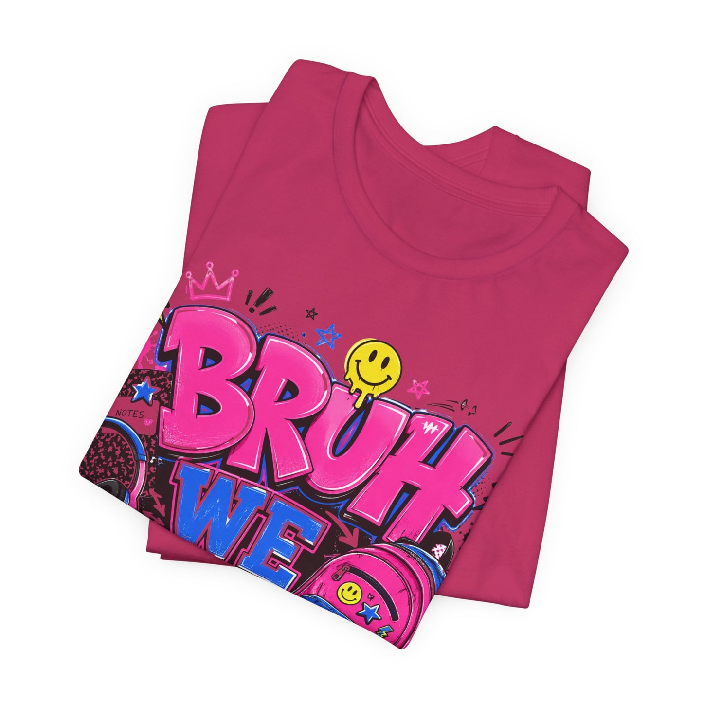 Bruh We Back T-Shirt — Retro School Backpack & Headphones Graphic Tee