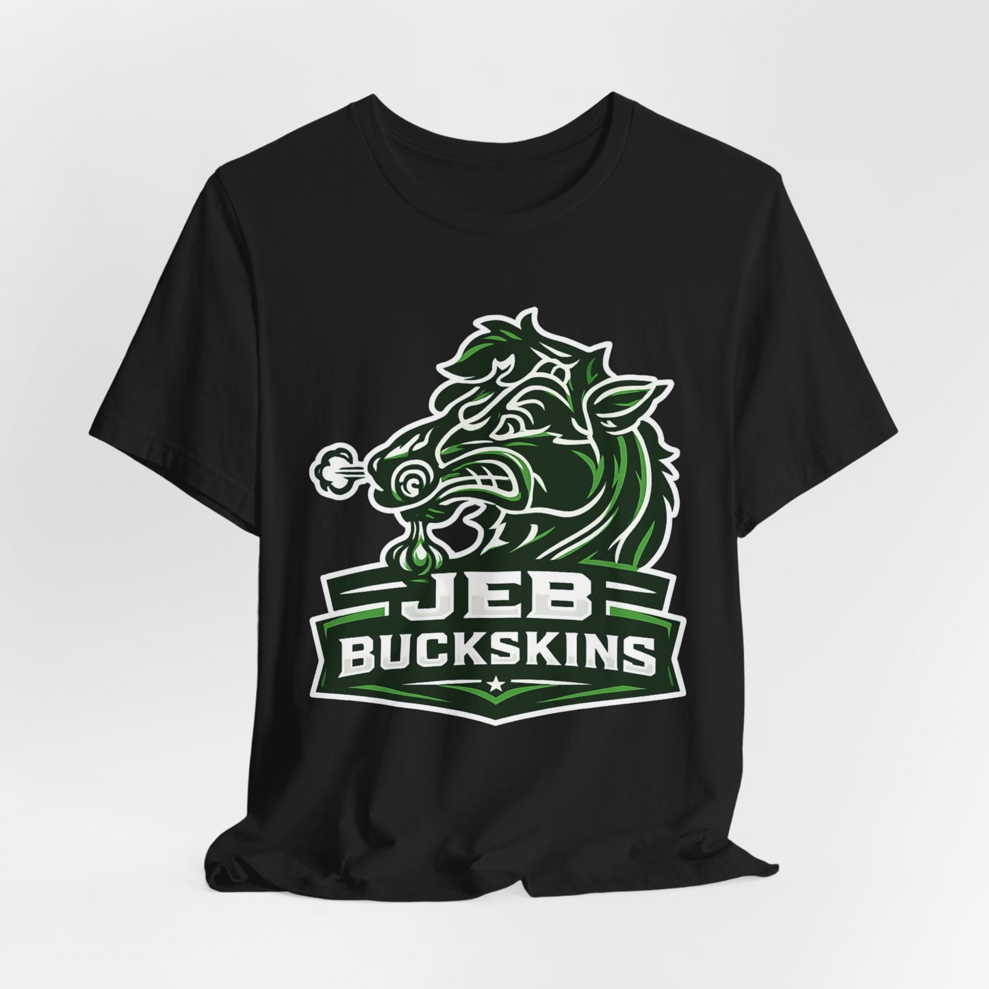 Jeb Buckskins Team Logo T-Shirt — Mascot Sports Tee (White)