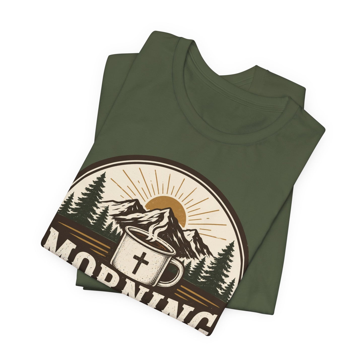 Morning Mercies Coffee Tee — Christian Coffee Shirt with Mountain & Cross Design