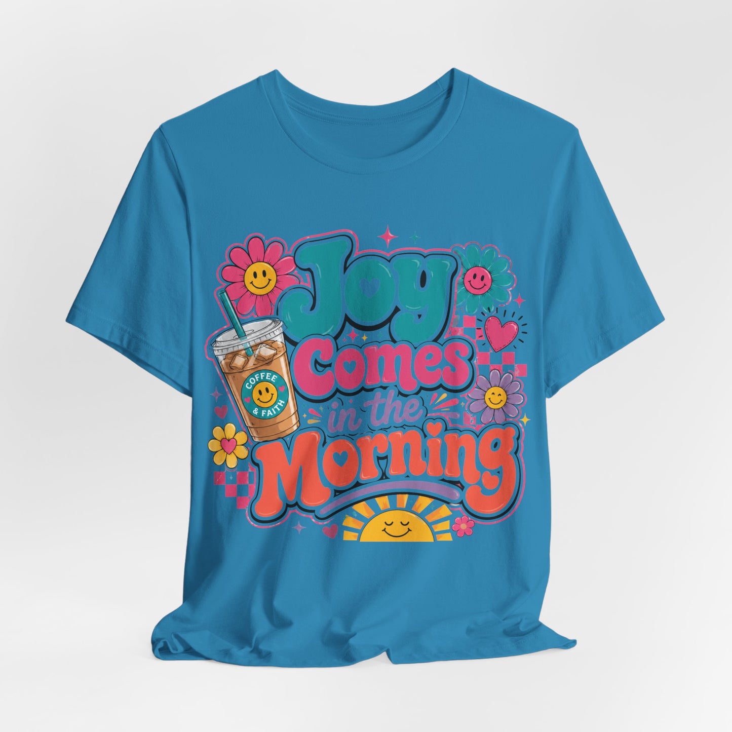 Joy Comes in the Morning Tee — Retro Floral Sunrise Coffee T‑Shirt