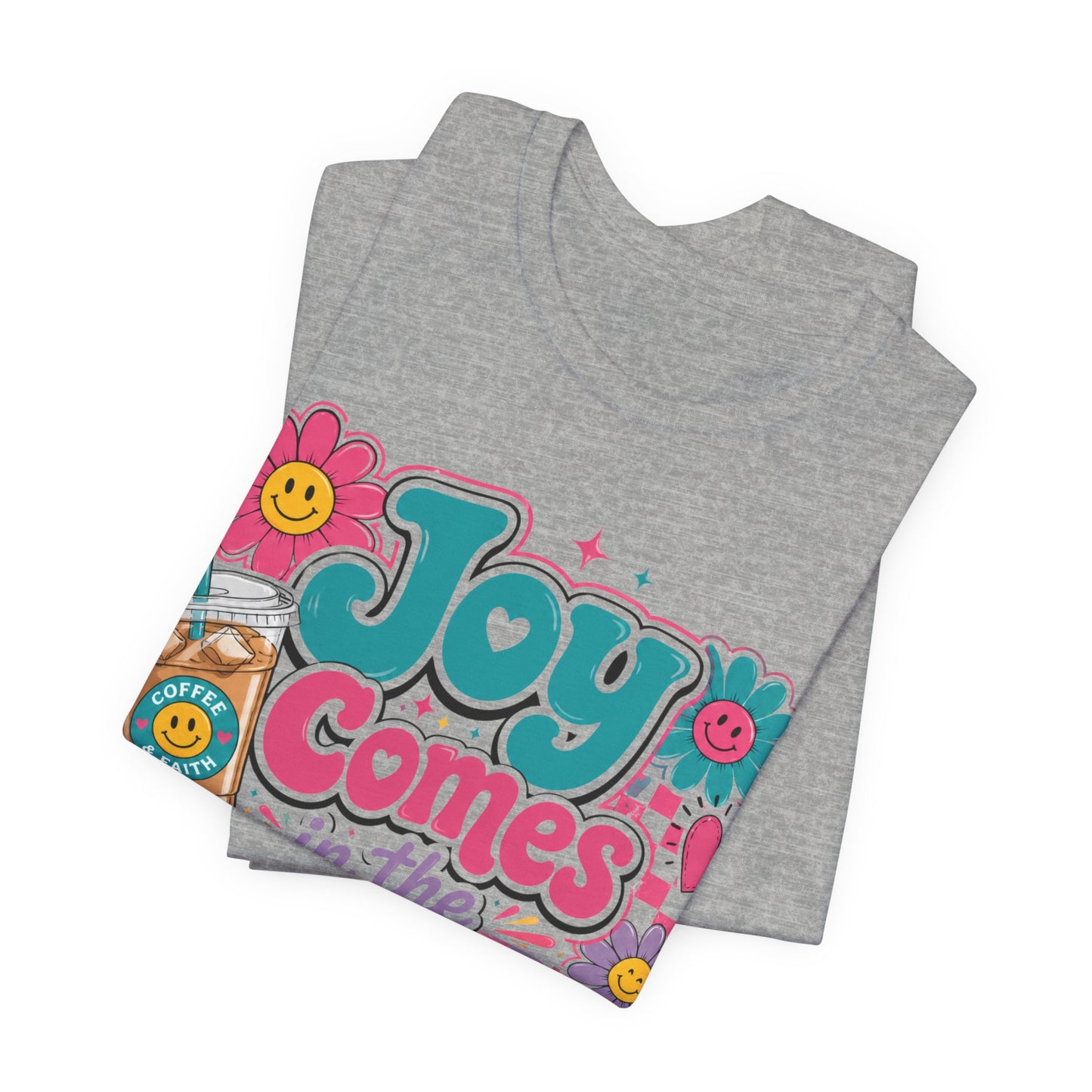 Joy Comes in the Morning Tee — Retro Floral Sunrise Coffee T‑Shirt