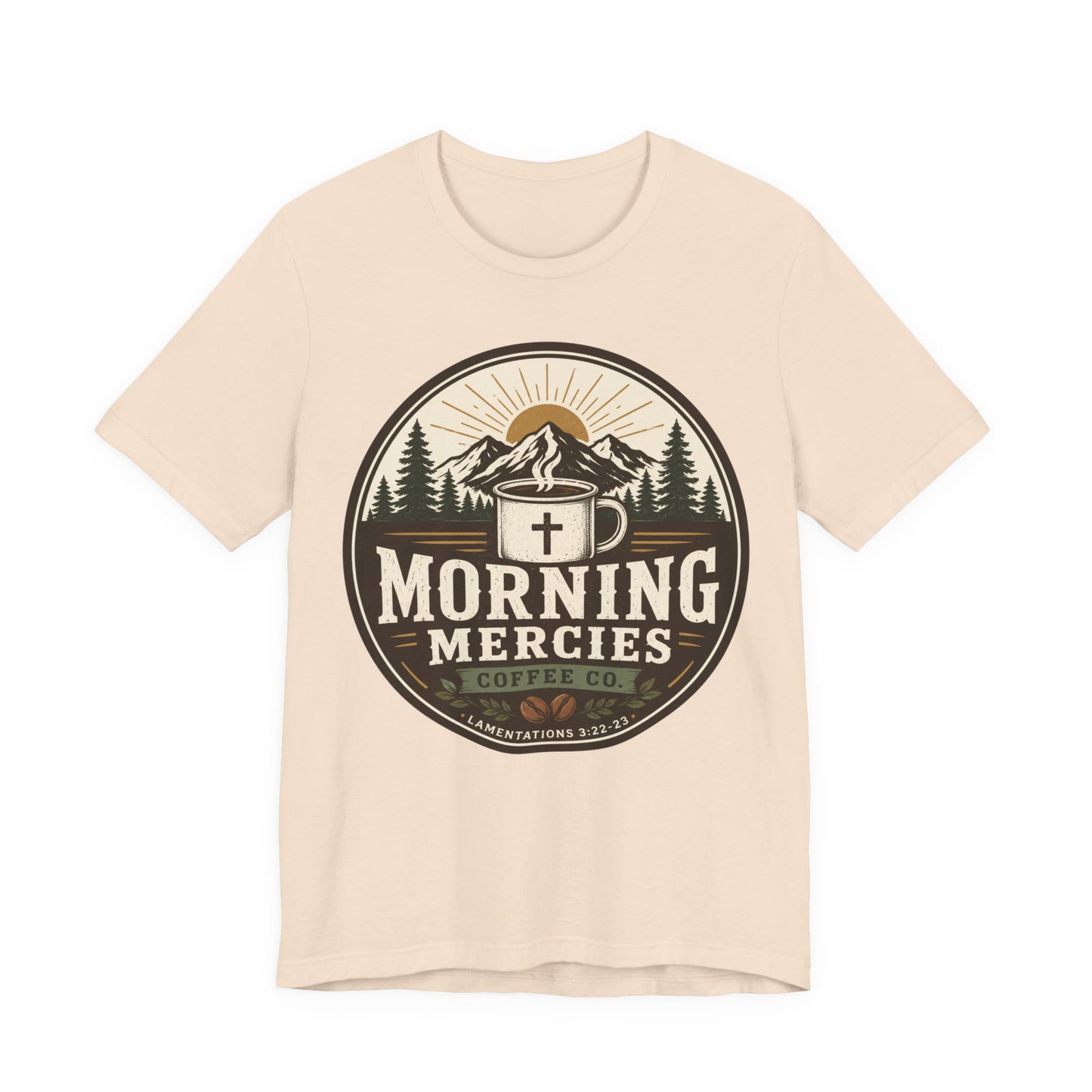 Morning Mercies Coffee Tee — Christian Coffee Shirt with Mountain & Cross Design