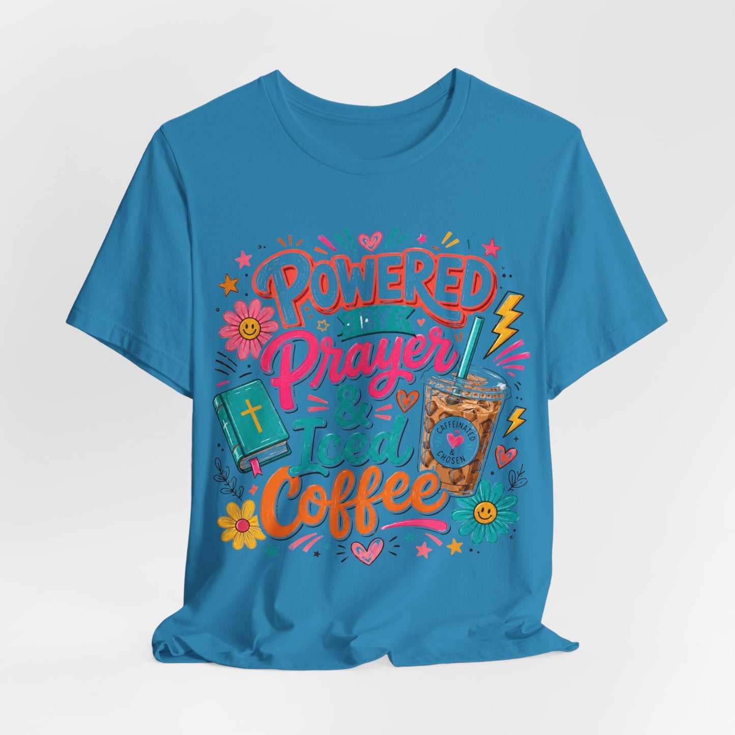 Prayer & Iced Coffee T-Shirt — "Powered by Prayer & Iced Coffee" Christian Tee