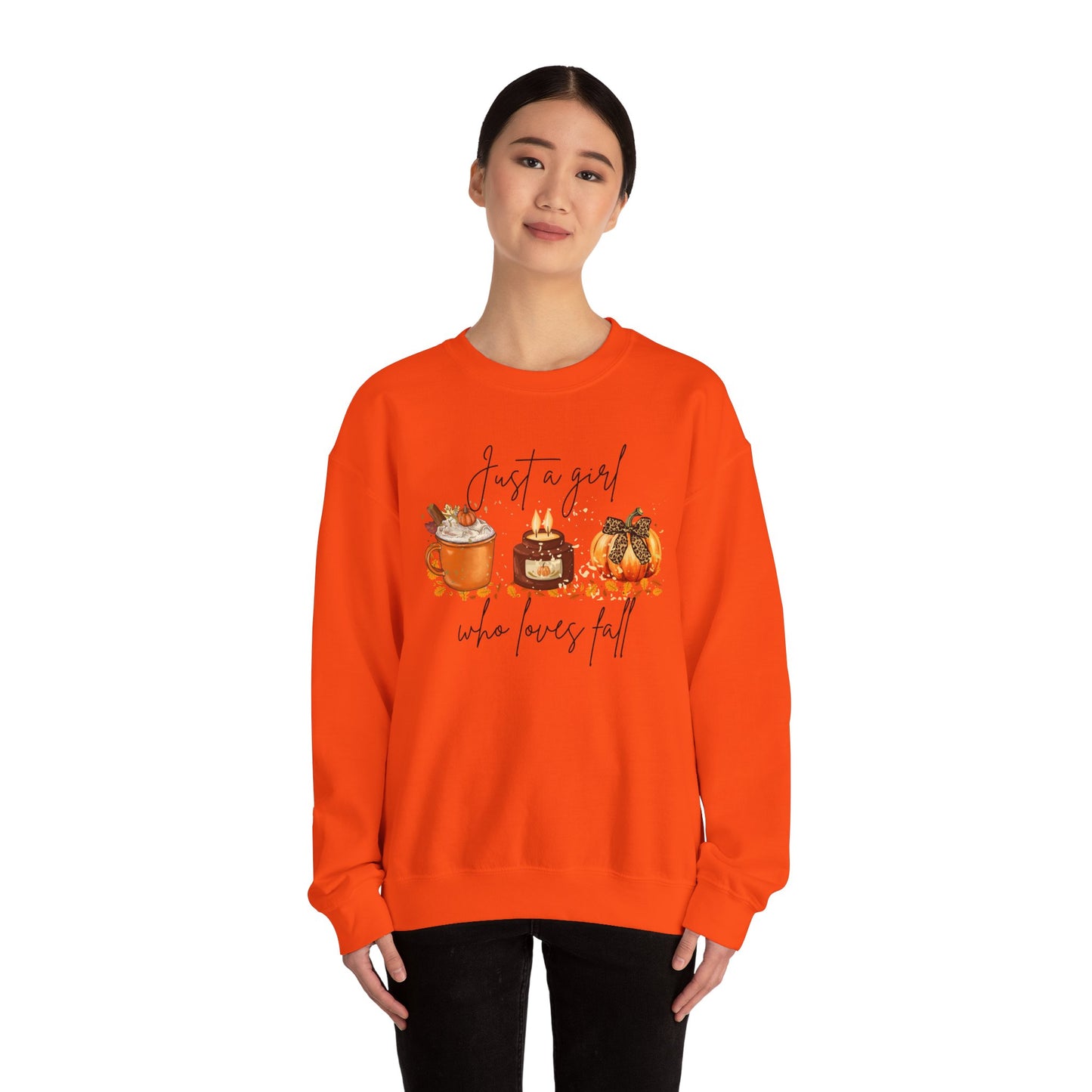 Fall Crewneck Sweatshirt — "Just a Girl Who Loves Fall" Pumpkin & Cozy Drinks Design
