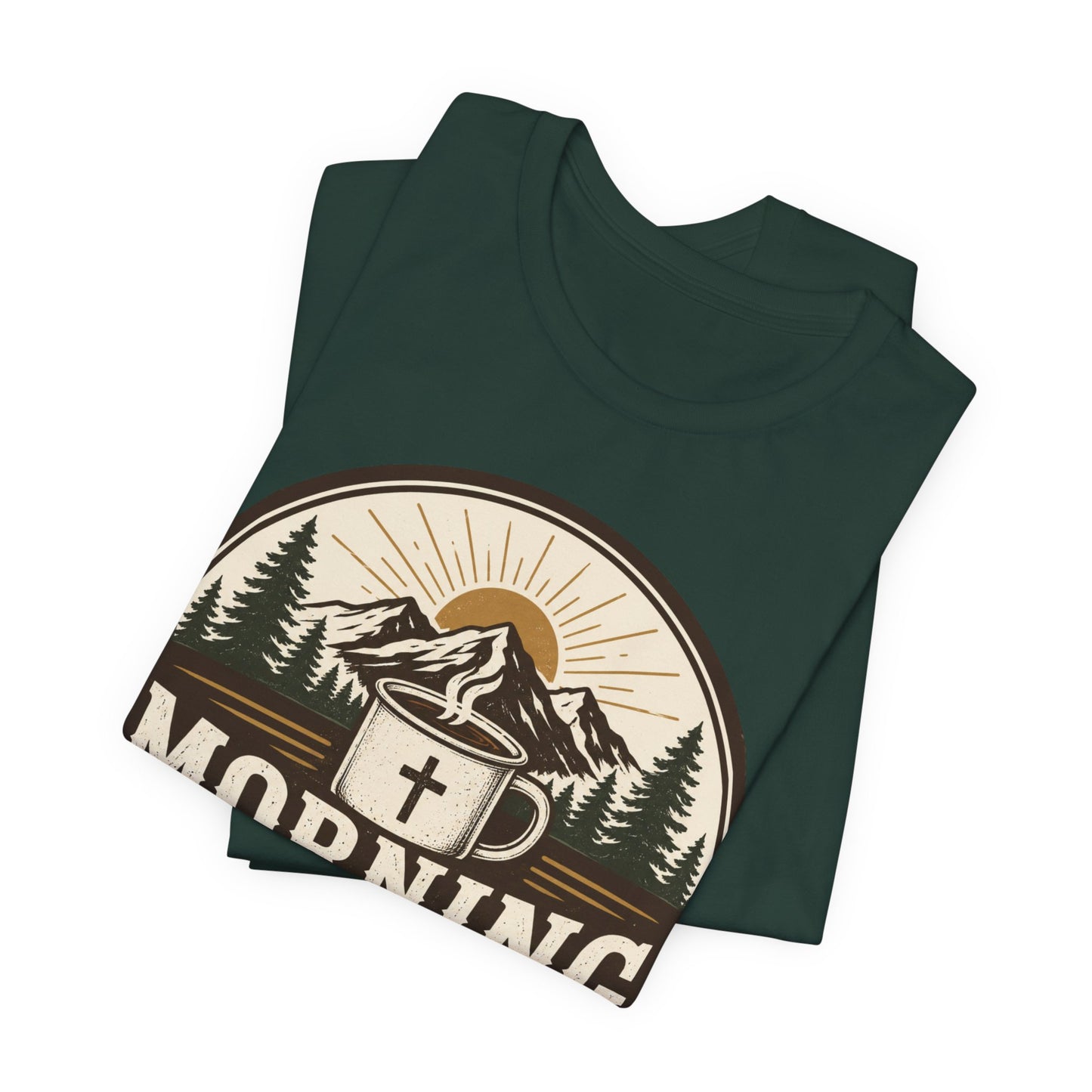 Morning Mercies Coffee Tee — Christian Coffee Shirt with Mountain & Cross Design