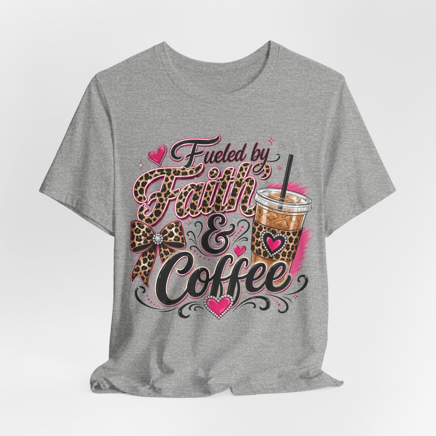 Faith & Coffee Graphic Tee — "Fueled by Faith & Coffee" Leopard Bow Design