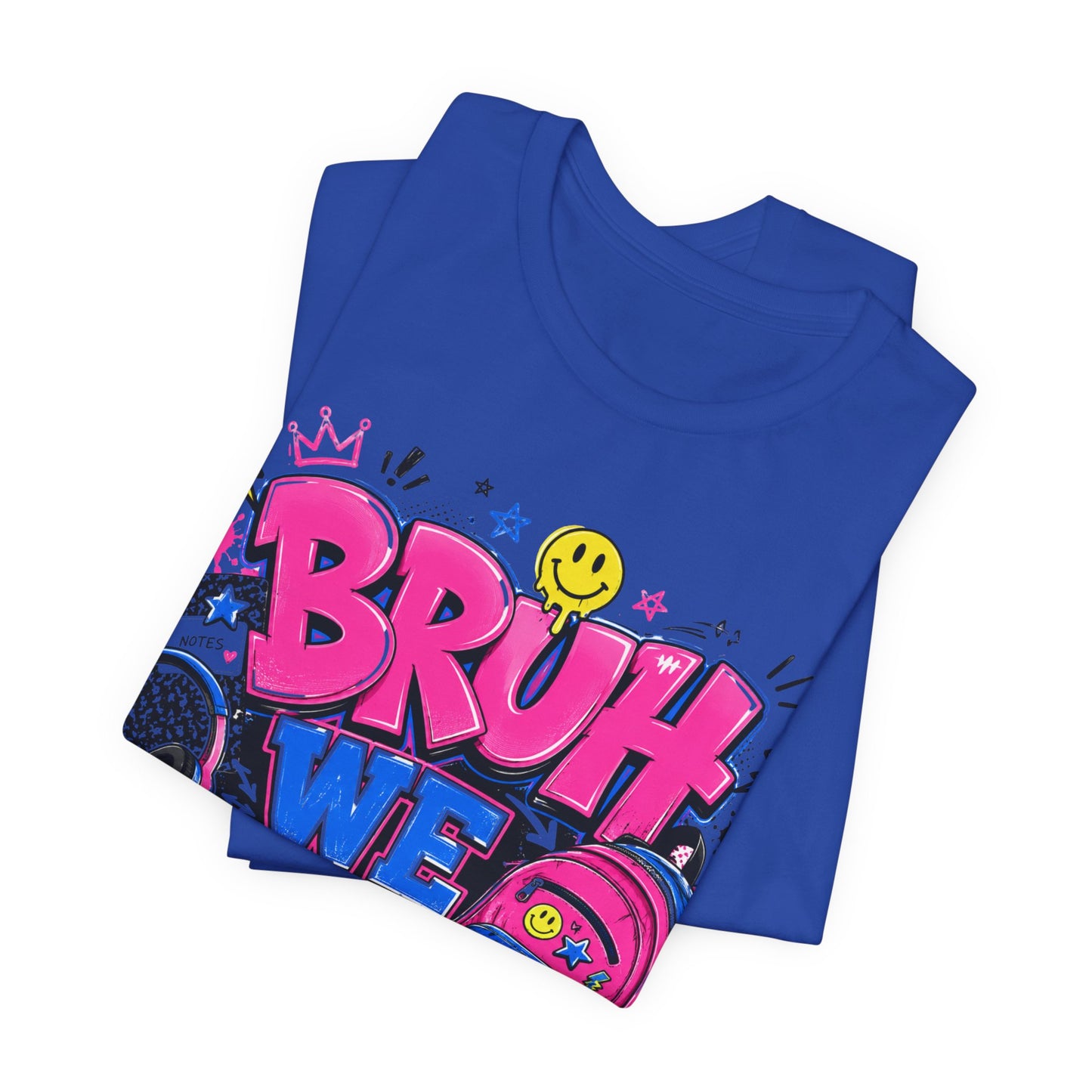 Bruh We Back T-Shirt — Retro School Backpack & Headphones Graphic Tee