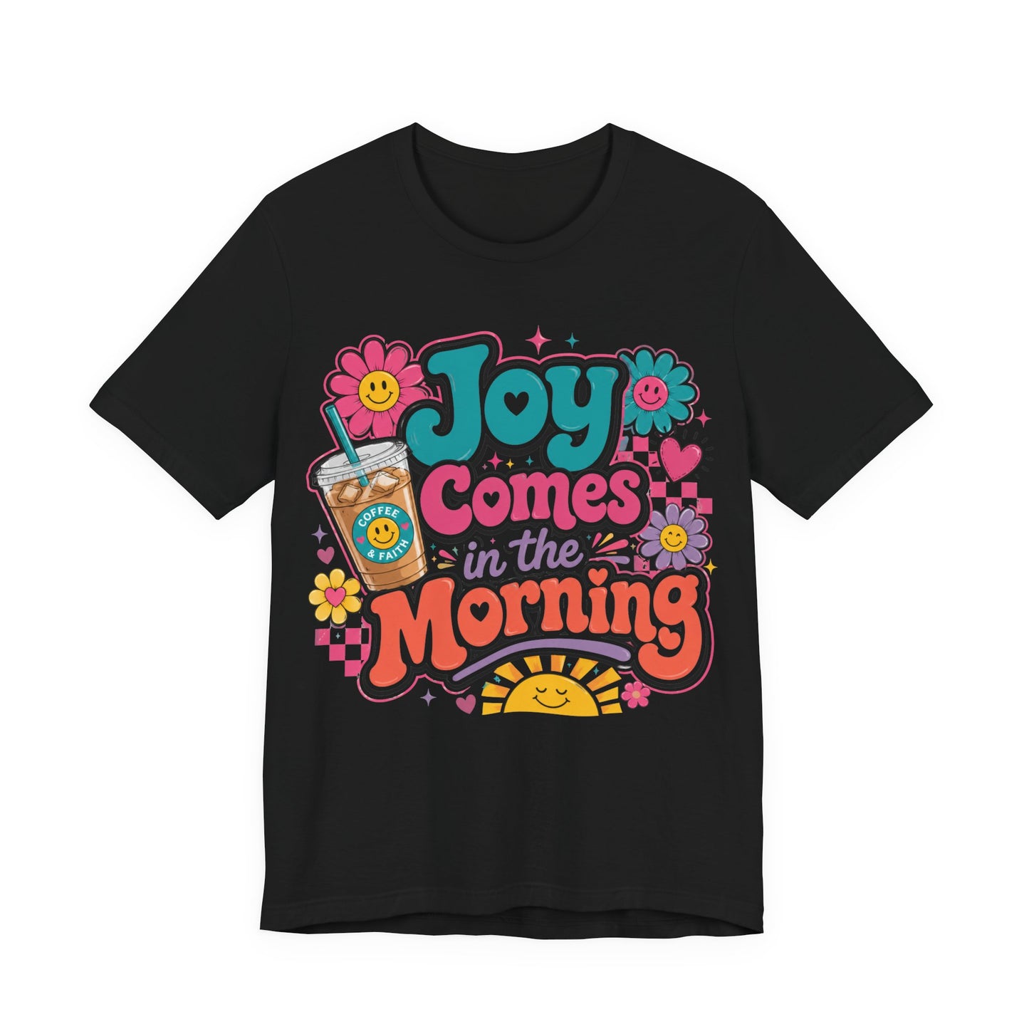 Joy Comes in the Morning Tee — Retro Floral Sunrise Coffee T‑Shirt