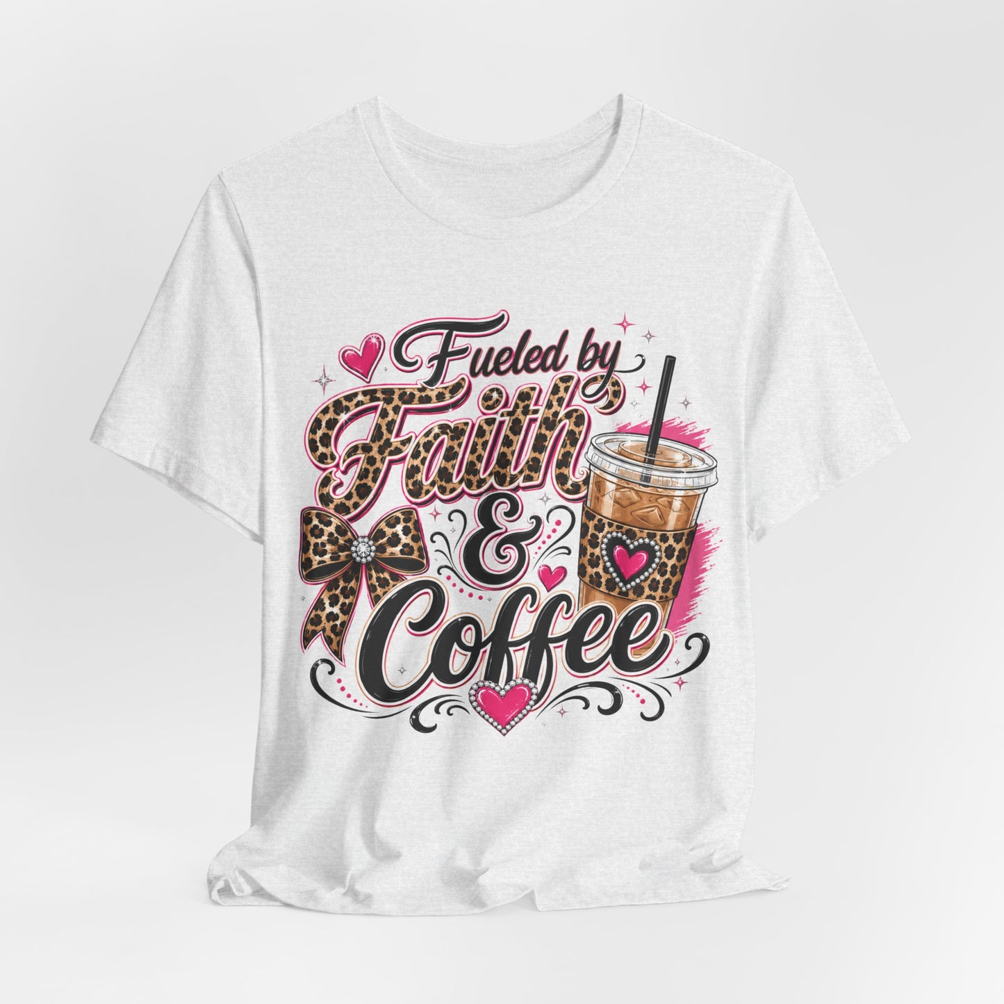 Faith & Coffee Graphic Tee — "Fueled by Faith & Coffee" Leopard Bow Design
