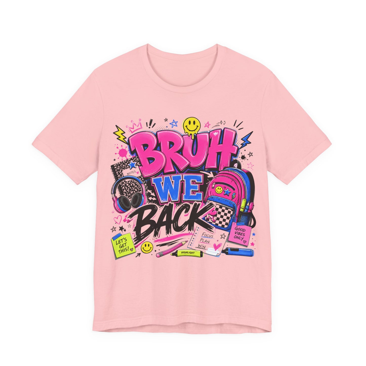 Bruh We Back T-Shirt — Retro School Backpack & Headphones Graphic Tee